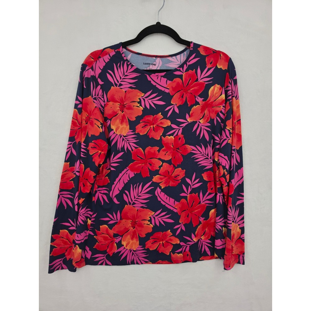 Lands End Womens XL 18 Tropical Floral Long Sleeve Rash Guard Navy Pink